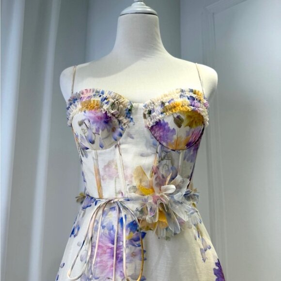 Zimmermann Luna Ruffle Midi Dress Cream Dahlia Floral Bustier A-Line Dress - Picture 8 of 9